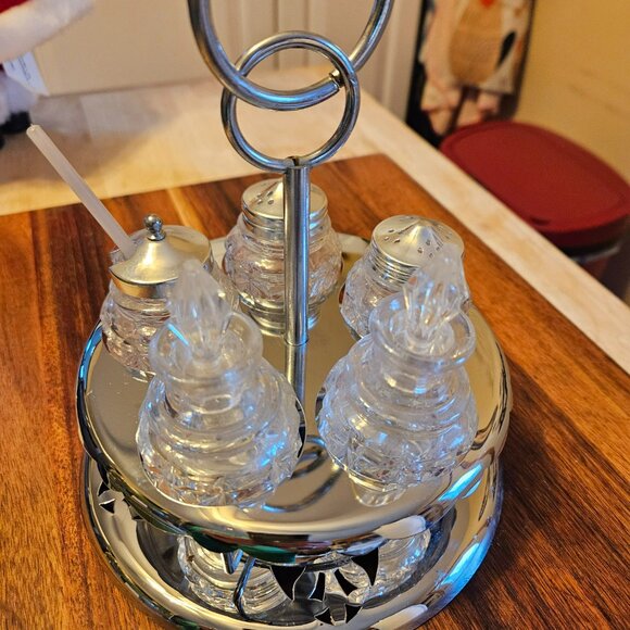 Vintage rotating cruet set rotating 5 pc metal/glass salt pepper oil/vinegar jam - Picture 2 of 9